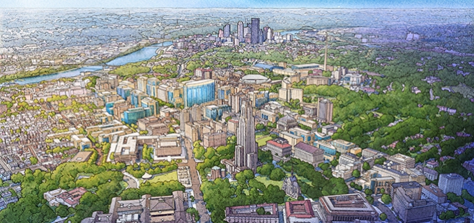 An illustration of an aerial view of Oakland with downtown Pittsburgh in the distance.