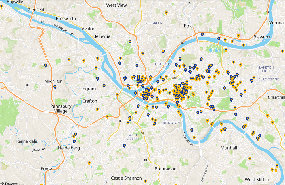 Screenshot of Pitt's Engagement and Outreach map: a map of the Pittsburgh region with pins for programs and activities associated with Pitt engagement and outreach.